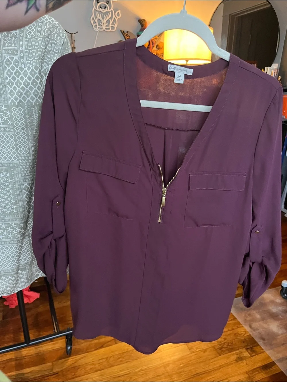 Cato Women's Plum Zip-Front Blouse - Picture 2 of 7